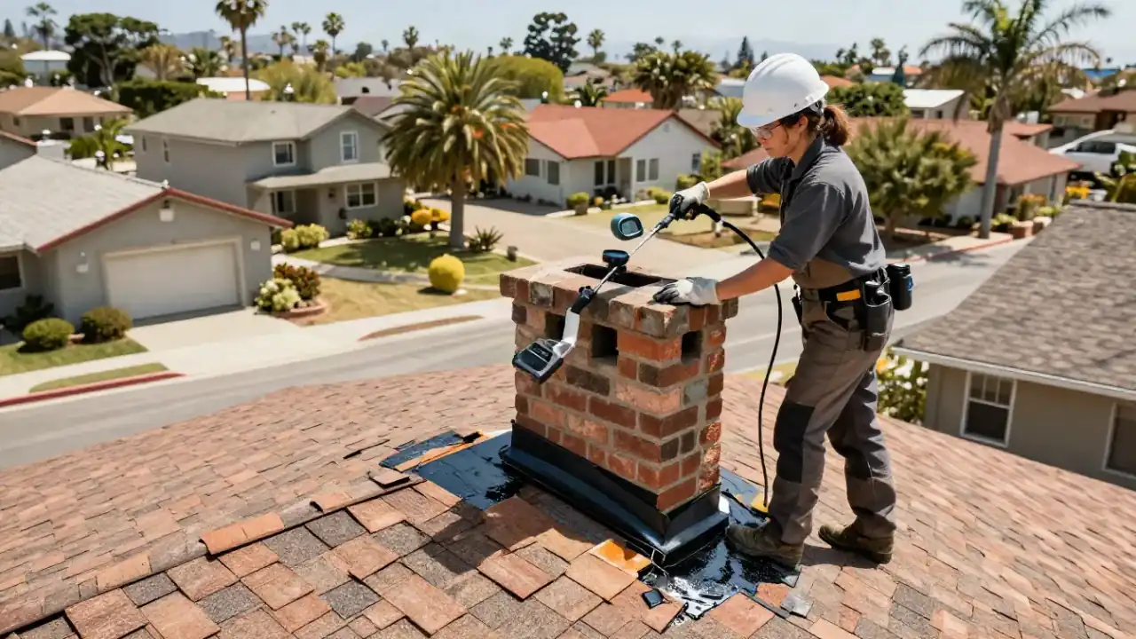 Chimney Leak Repair in Whittier, California: roofer applying a water-repellent sealant to the exterior brick surface of a