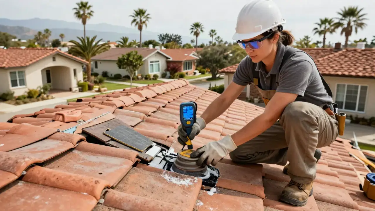 Roof Leak Repair in Whittier, California: close-up of a roofer's safety glasses reflecting the blue sky as they inspect a